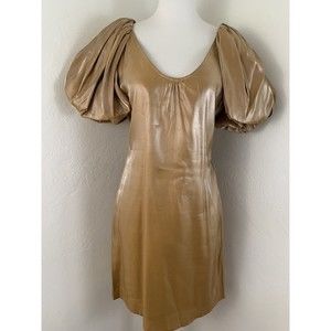 NEW Vertigo Paris Cocktail Dress Womens Small Gold Metallic Puffed Sleeves